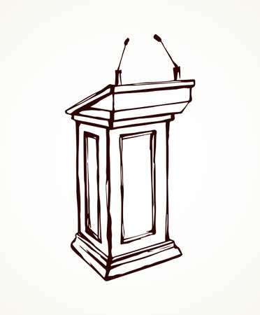 Empty husting grandstand on white room background. Outine black ink hand drawn pulpit object logo pictogram sketchy in modern art doodle cartoon style pen on paper space for textのイラスト素材