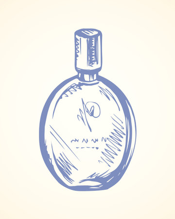 Romantic stylish round odour make spirit flask isolated on light backdrop. Freehand linear black ink hand drawn sign sketchy in art retro style pen on paper. Close-up view with space for text on labelのイラスト素材