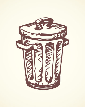 Iron trashbin for refuse isolated on white backdrop. Freehand outline black ink hand drawn picture sign sketchy in art retro scribble style pen on paper. Close up view with space for textのイラスト素材