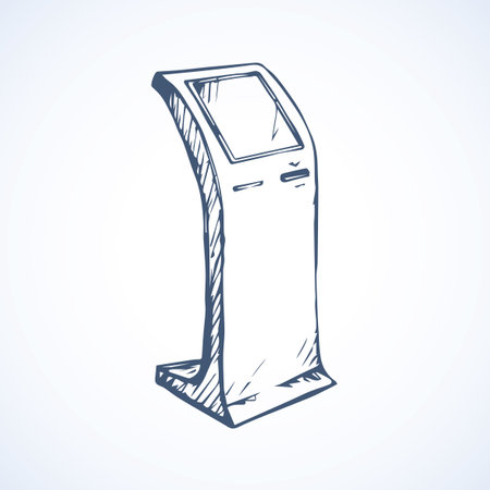 Blank public web store ad sensor panel render bankomat kiosk isolated on white backdrop. Vector ink hand drawn picture sketch in art doodle graphic style pen on paper. Closeup view with space for textのイラスト素材