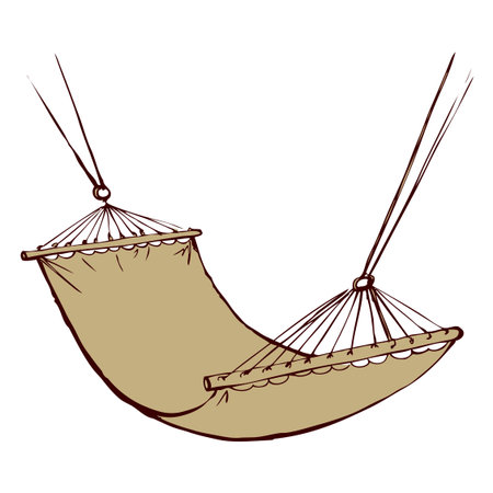 Old woven fabric net sling hang on palm tree for swing by sand sea beach isolated on white backdrop. Freehand ink hand drawn icon sketchy in art scribble retro style pen on paper with space for textのイラスト素材