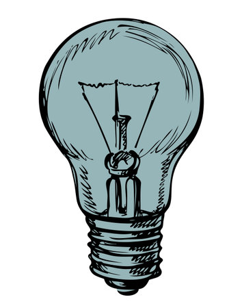 Incandescent light globe icon, old idea symbol isolated on white background. Outline freehand ink drawn backdrop sketch in art antique scrawl style pen on paper. View closeup with space for textのイラスト素材