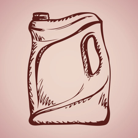 Blank big plastic motor machine lube pack tare, laundry hygiene cleaner detergent jerrican jar. Freehand outline ink hand drawn picture sketch in art scribble style. Close-up view with label for textのイラスト素材