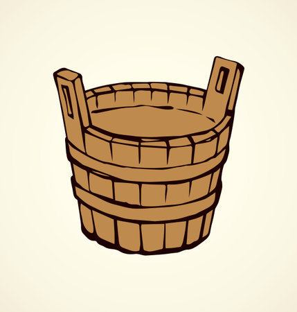 Old big rural vat hot cleansing wood plank tun keg on white banya backdrop. Freehand line black ink hand drawn object logo sign emblem in art antique doodle engraving style pen on paper space for textのイラスト素材