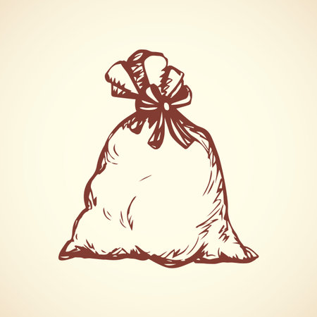 Big old heavy twine bound hessian cloth sac pouch packet isolated on white backdrop. Freehand outline ink hand drawn picture sketch in art retro doodle style pen on paper with space for text on labelのイラスト素材