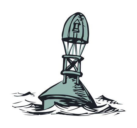 Old grunge coastal cone bobber bouy point flag object view on white lake backdrop. Line black ink hand drawn travel way logo emblem sketch in retro art cartoon doodle style on space for text on skyのイラスト素材