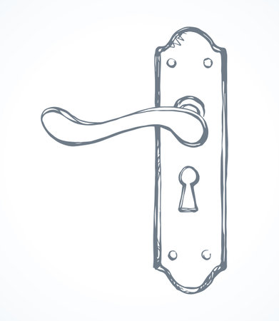 Aged rusty iron doorhandle padlock design set on white backdrop. Outline black ink hand drawn luxury come object logo pictogram in modern art doodle cartoon style on paper space for text. Closeup viewのイラスト素材
