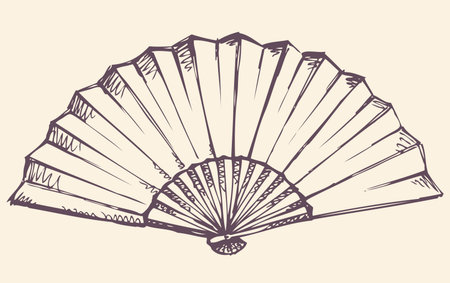 Romantic old stylish simple icon of elegant paper fan isolated on white backdrop. Freehand linear ink drawn symbol sketchy in art antiquity scribble engraving style. Close-up view with space for textのイラスト素材