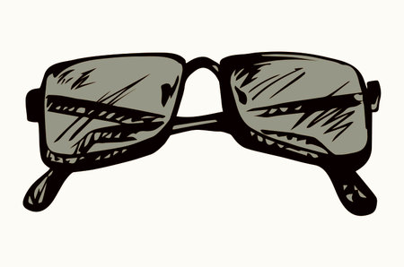 Uv ray polarized tint hip unisex ocular model on light backdrop. Freehand outline dark hand drawn old metal logo pictogram emblem design in art doodle retro style pen on paper text space. Closeup viewのイラスト素材