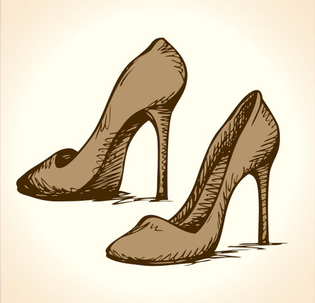 Romantic icon of two classic women's footgear item isolated on white background. Freehand ink hand drawn picture sign sketchy in art doodle style pen on paper. Closeup side view with space for textのイラスト素材