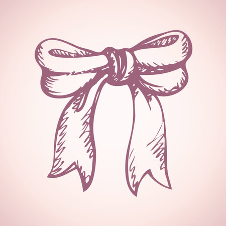 Big new wedding satin light pink box bow design isolated on white backdrop. Freehand outline ink hand drawn sign sketchy in art doodle retro style pen on paper. Closeup front view with space for textのイラスト素材