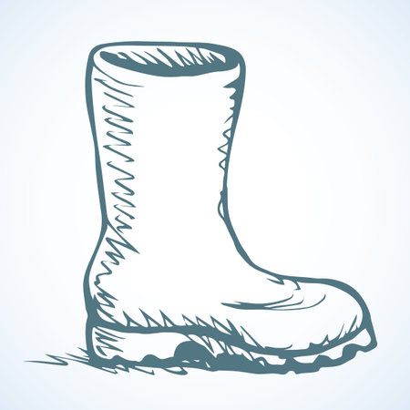 Trendy old cozy styled rainy wellie isolated on white background. Freehand outline ink hand drawn icon symbol sketchy in art scribble retro style pen on paper. Side closeup view with space for textのイラスト素材