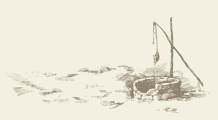 Aged jewish fountain basin hole in Israel nomad farm village. Freehand dark ink hand drawn picture sketchy in vintage art doodle etching style pen on paper. Scenic view and space for text on white skyのイラスト素材