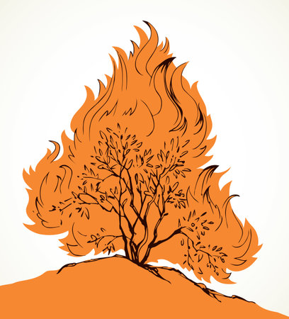Closeup old holy bright fiery hot ash branch hazard scene view light white sky text space. Line dark black hand drawn global warm egypt life icon logo sign concept ancient art cartoon story tale styleのイラスト素材