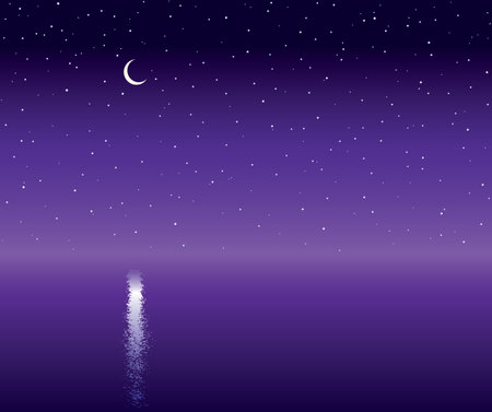 Horizon nightfall summer seawater scenery. Bright cyan color hand drawn scene symbol in modern art comic style. Scenic wild pond border view with copyspace for text on deep moonlit backdrop patternのイラスト素材