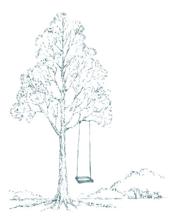 Old oak trunk on white cloud backdrop. Freehand outline ink hand drawn sunny rest picture design sketchy in retro art doodle engrave cartoon print style pen on paper text space. Rural scenic sun viewのイラスト素材