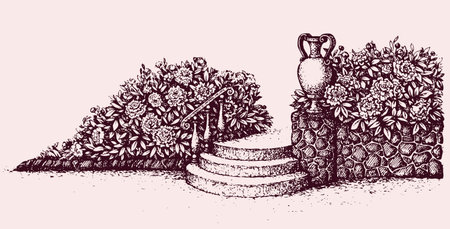 Romantic beautiful classic outdoor elegant cozy rest place with old urn on luxury patio with space for text on sky. Freehand ink hand drawn picture background sketch in art doodle style pen on paperのイラスト素材