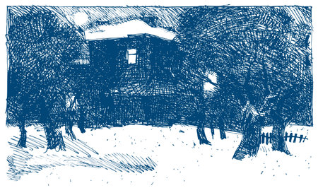 Ð¡ozy xmas barn design on snowstorm blue ink hand drawn fir bush picture sketchy in retro artistic tale doodle cartoon engrave print style pen on paper space for textのイラスト素材