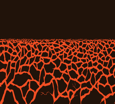 Dead rough burnt broken crust barren arid clay mud bedrock terrain lake fissure. Orange color hand drawn hell destroy symbol design. Dark night sky text space detail view grunge line art sketch styleのイラスト素材