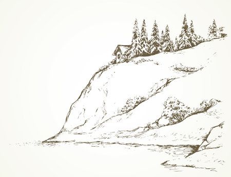 Rustic cliff bush spruce scene on high riverbank. Alpine waterfront camp chalet on space for text on white sky. Line black ink hand drawn lodge picture in art vintage doodle engrave style pen on paperのイラスト素材