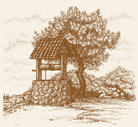 Aged rock source basin with crank covered tiled canopy on village yard. Freehand outline ink hand drawn backdrop in art retro doodle graphic style pen on paper with space for text on skyのイラスト素材