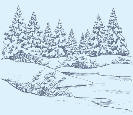 Vector graphic sketch. Winter forest landscape with snow-covered fir trees and bushes on the hills near the frozen riverのイラスト素材