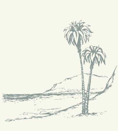 Summertime scenic view. White text space paper backdrop. High lush coconut palmtree plant flora scene. black ink pen hand drawn indian cliff picture symbol design. Art retro doodle engrave print styleのイラスト素材