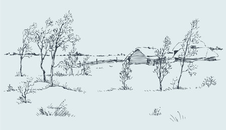 Vector rural landscape. A cold winter day on the snow-covered huts and fieldのイラスト素材