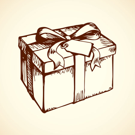 Trendy small parcel tag in wrap cardboard with knot isolated on white backdrop. Freehand outline ink hand drawn icon in art retro scribble style pen on paper. View closeup with space for text on labelのイラスト素材