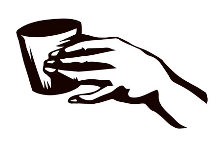 Close up view tasty aroma heat old teacup goblet object on light text space backdrop. Freehand outline black ink pen drawn young human palm finger eat emblem pictogram design in retro art doodle styleのイラスト素材