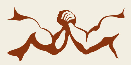 Line 2 human friend finger team compete win on white text space. Outline black ink hand drawn rival match vs meet logo pictogram emblem design in vintage art doodle cartoon print style. Closeup viewのイラスト素材