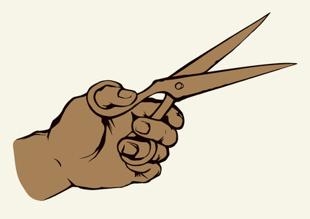 Line girl arm service big steel clip handle snip on light backdrop. Outline black ink drawn old surgery doctor crop logo concept design in retro art doodle style pen on paper text space. Close up viewのイラスト素材