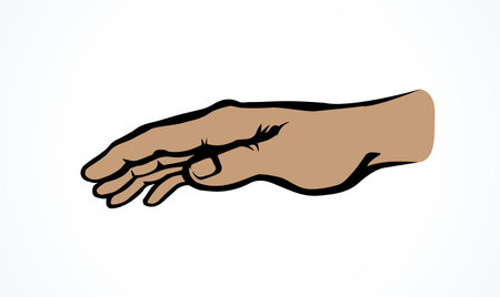 Empty forearm stretch help on white space for text. Lord show care pictogram. Muslim concept line logo. Outline black drawn old monk fold body emblem in retro art doodle cartoon style. Closeup viewのイラスト素材