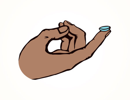 Fashion lense healthcare sign draw. Soft eyewear on pupil arm on white background. Line black drawn eyecare aid clinic logo pictogram emblem sketch in modern graphic style on space for text. Close upのイラスト素材