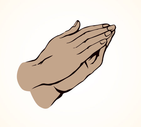 Sin beg supplication on white background. Outline love praise concept logo pictogram. Line black ink drawn old monk thank fold clap emblem in retro art engrave cartoon style on paper space for textのイラスト素材