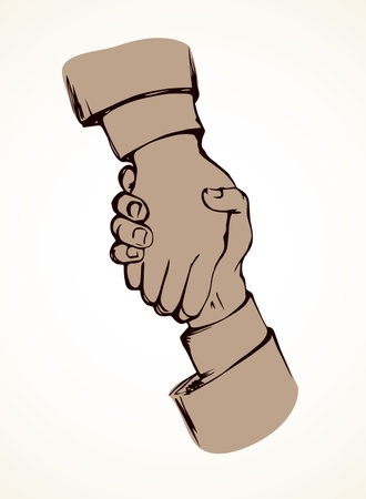 2 each adult palm office life reach relationship on white sky. Black line drawn job unite aid care logo pictogram sign sketch in modern art cartoon graphic style. Closeup view unity employ join conceptのイラスト素材