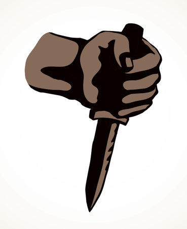 Old male chef cooking big home kitchen cutter threaten rage crazy theft rob mugger assault. Outline drawn police logo line art text space design. Closeup view spooky despair abuse menace cook thrillerのイラスト素材