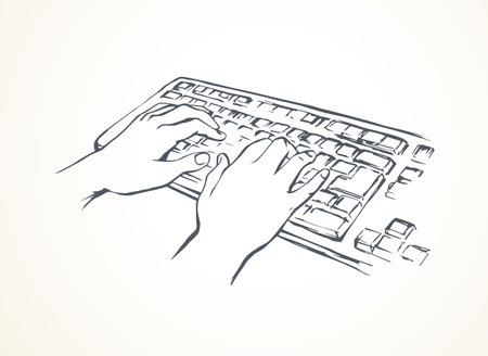 Lcd macbook keypad on white table desk backdrop. Black line drawn led netbook. Www social data key icon sign sketch in modern art doodle style on pad space for text. Close up palm push above top viewのイラスト素材