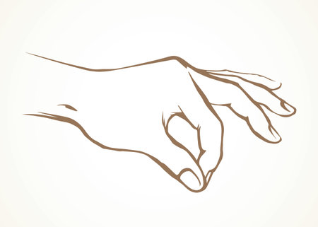 Raise adult female palm grip crumb powder tweak small on white. Outline black ink drawn empty touch pour action logo pictogram concept in retro art cartoon style. Close up line male wrist part prepareのイラスト素材
