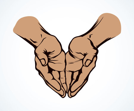 Sin body palm help praise on white paper space for text. Lord show care concept line logo pictogram. Outline black drawn old monk thank fold emblem in retro art doodle cartoon style. Close up top viewのイラスト素材