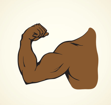 Big male fight victory raise tough lean force palm sign on white background. Dark black color drawn retro forearm wrist part logo emblem concept sketch in vintage art doodle style and space for textのイラスト素材