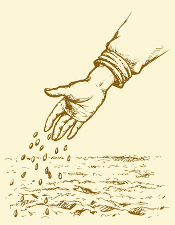 Old person's palm manual give scatter small corn plant on fertile humus eco area. Freehand outline ink picture symbol sketch in art doodle style pen on paper. Closeup view with space for text on skyのイラスト素材