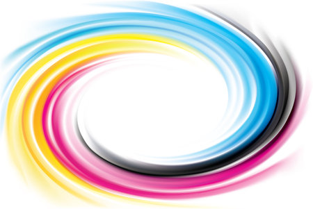 Vector modern creative wonderful eddy aqua backdrop pattern of vivid primary dye gamma full-color printout technology process glossy curvy spraying ripple disk. Closeup view with space for textのイラスト素材