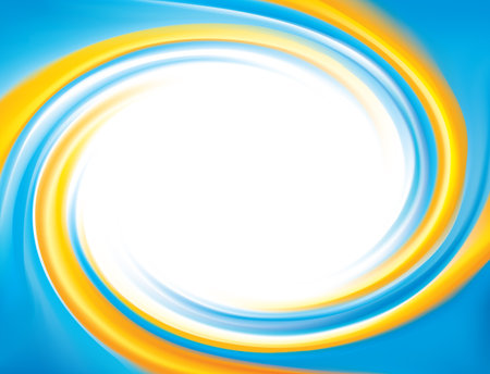 Vector cheerful curly ripple backdrop with space for text. Beautiful whorl plastic surface. Cycle mix of national Ukrainian flag symbolic colors: bright yellow and light blue with glowing white center in middle of funnelのイラスト素材