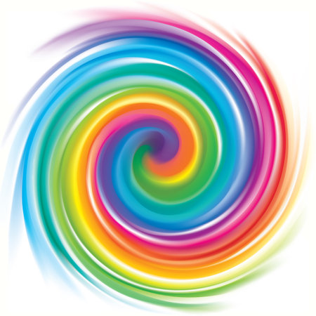 Vector modern creative wonderful eddy futuristic festival happy aqua backdrop of vivid multi colored glossy curled striped spraying ripple sphere. Closeup view with space for text in middle of funnelのイラスト素材