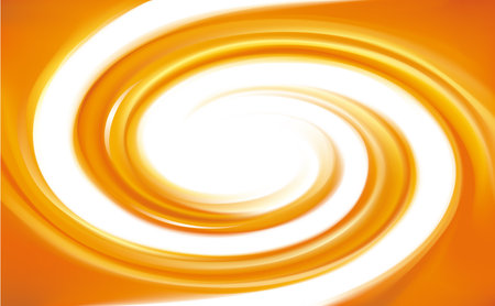 Rippled fond with space for text in glowing white milk center. Curl fluid surface vivid hot terracotta color. Circle fresh mix of sweet red carrot, apricot, pumpkin dessert syrupのイラスト素材