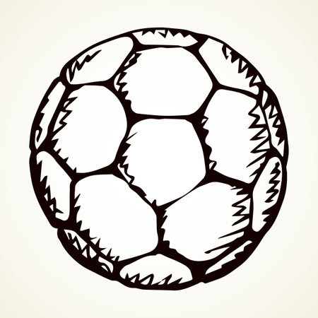 Classic fun kickball sphere on light field backdrop text space. Freehand outline dark ink hand drawn picture emblem design sketchy in art retro doodle engrave print style pen on paper. View close upのイラスト素材