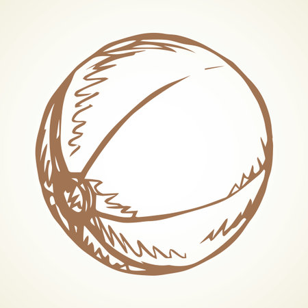 Funny pool strip bounce sphere on light paper backdrop text space. Freehand outline black color ink hand drawn sea vacation toddler gift picture design in art retro doodle print style. View close upのイラスト素材