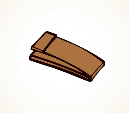 Wooden foothold fly tool set on white floor backdrop. Outline black ink hand drawn well health club action object logo sign emblem in modern art doodle cartoon style pen on paper with space for textのイラスト素材