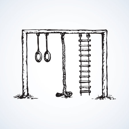 Old kid rung and hawser bar set on ground grass lawn isolated on white backdrop. Freehand outline black ink hand drawn crossbar sketchy in art retro doodle style pen on paper and space for text on skyのイラスト素材